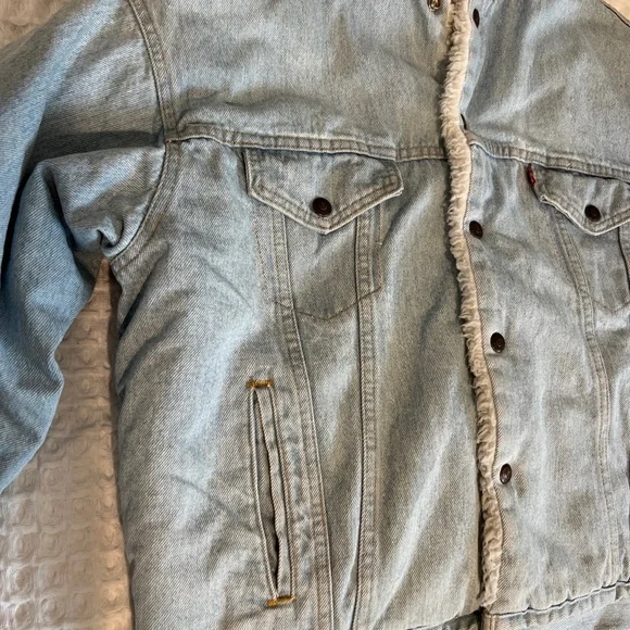 Vintage Levi’s Sherpa Fleece Trucker Light Denim Jacket 70609 USA Sz L - Picture 10 of 12